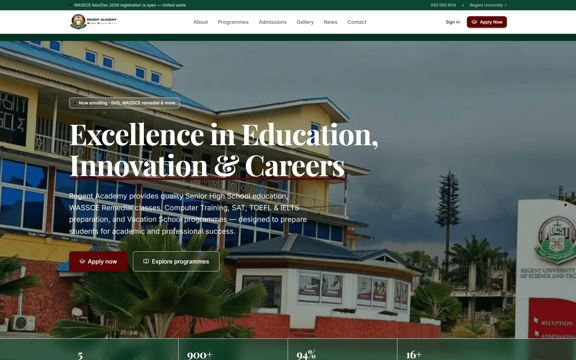 Regent Academy website, built by Gabriel